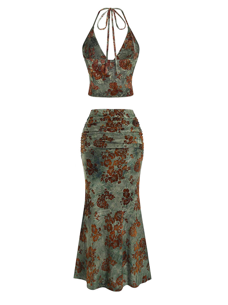2PCS Dark Green 1970s Floral Halter Mermaid Skirt Set, vintage skirt, retro style - perfect for women who love vintage and retro fashion