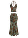 2PCS Dark Green 1970s Floral Halter Mermaid Skirt Set, vintage skirt, retro style - perfect for women who love vintage and retro fashion