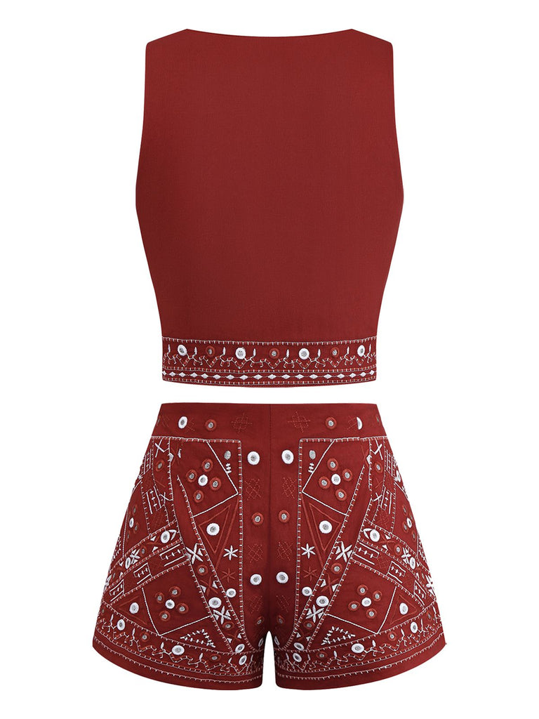 2PCS Dark Red 1970s Embroidered Boho Vest & Shorts - vintage fashion, retro style, elegant red