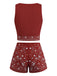 2PCS Dark Red 1970s Embroidered Boho Vest & Shorts - vintage fashion, retro style, elegant red