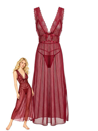 2PCS Deep Red 1980s Lace Color Block Knit Nightgown - vintage lingerie, retro nightgown, elegant sleepwear for vintage lovers