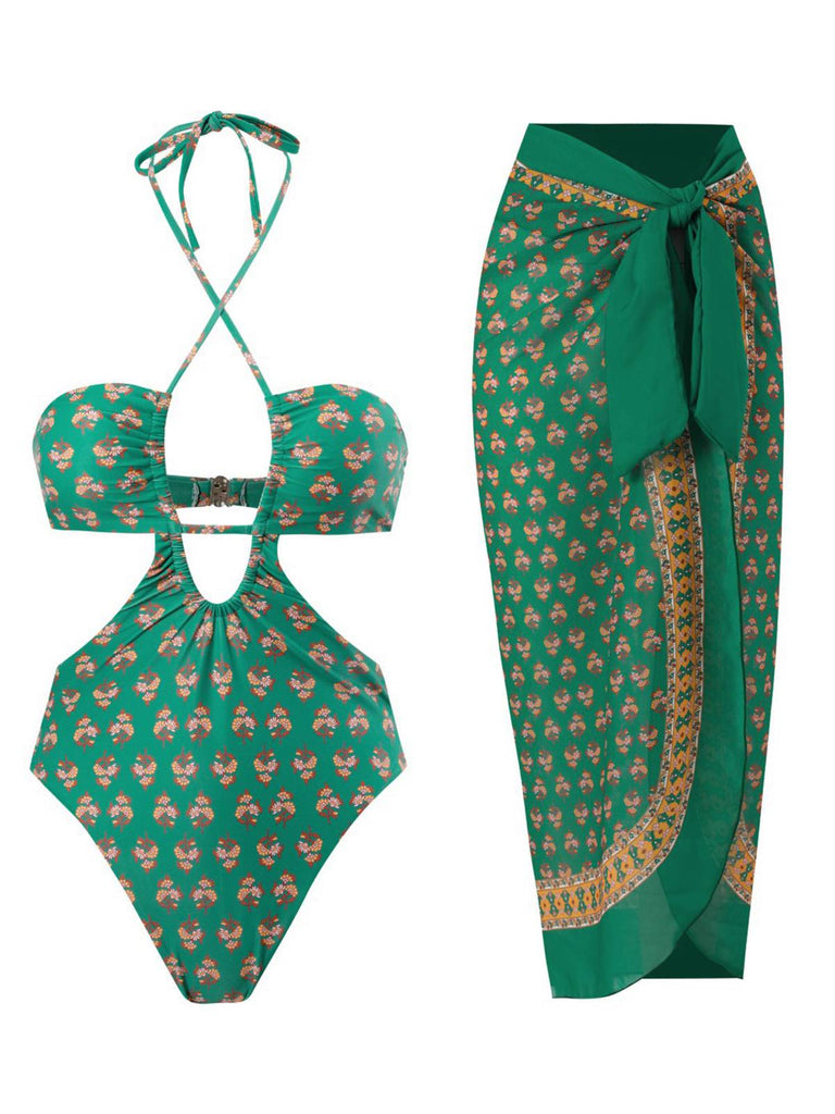 She's wearing 2PCS Green 1940s Flowers One-Piece Swimsuit & Cover-Up and the whole beach remembers the 1940s