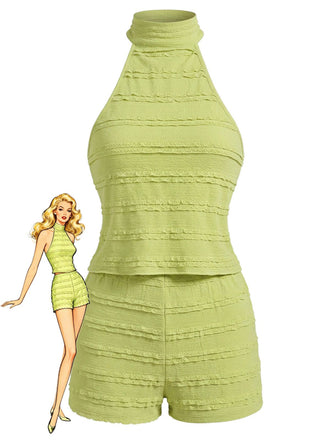 2PCS-Green-1940s-Lace-Trim-Halter-Top-Shorts, vintage, retro, lace
