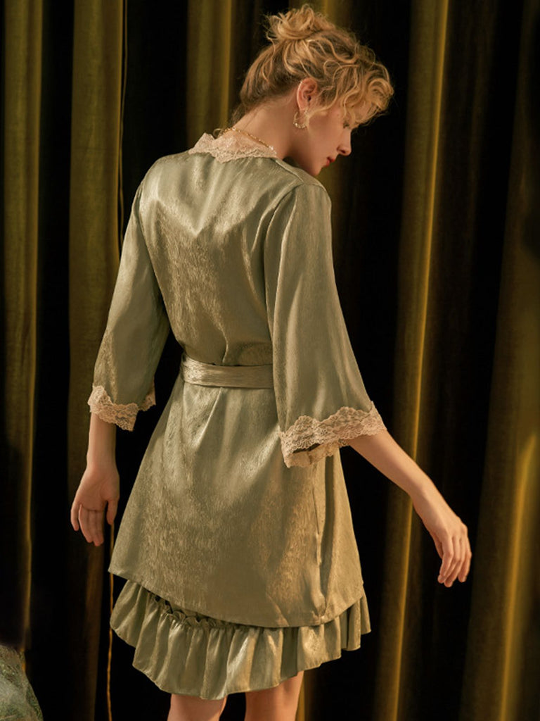 2PCS Green 1950s Guipure Lace Nightgown & Robe - vintage nightgown, retro sleepwear