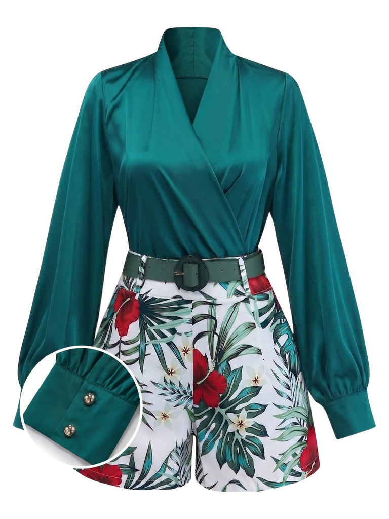 2PCS Green 1950s Satin Top & Floral Shorts - vintage top, retro blouse for vintage lovers
