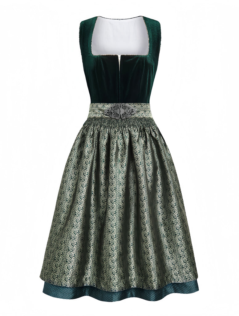 2PCS Green 1950s Square Neck Velvet Jacquard Dress & Apron, vintage dress, retro fashion, rockabilly, pin-up fashion - perfect for women who love vintage and retro fashion
