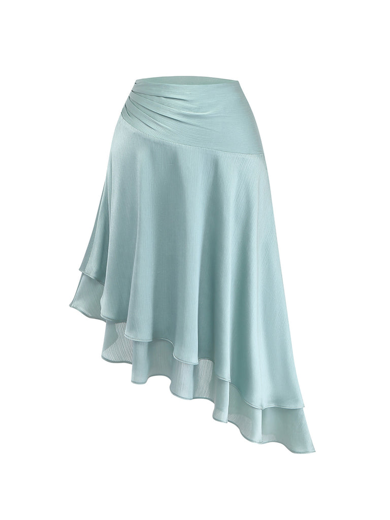 2PCS-Green-1960s-Ripple-Fishbone-Asymmetrical-Skirt