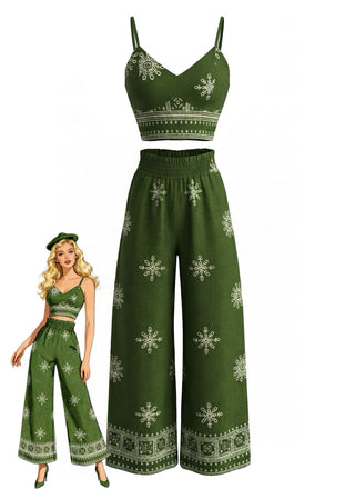 Green 1970s Print Spaghetti Strap 2PCS
