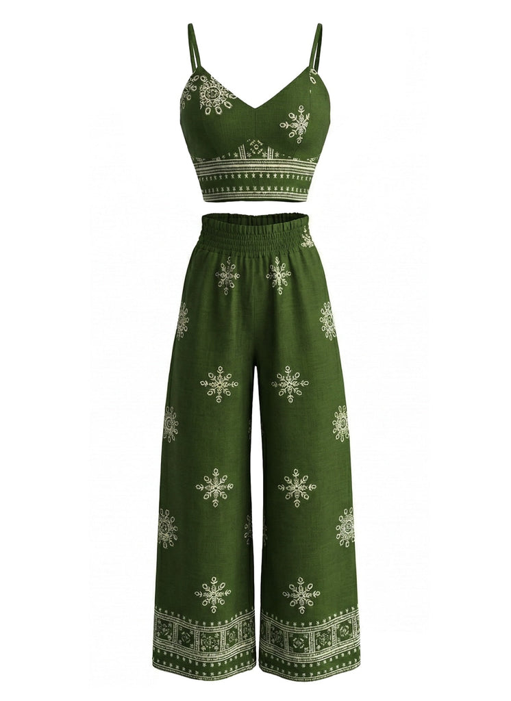 Green 1970s Print Spaghetti Strap 2PCS