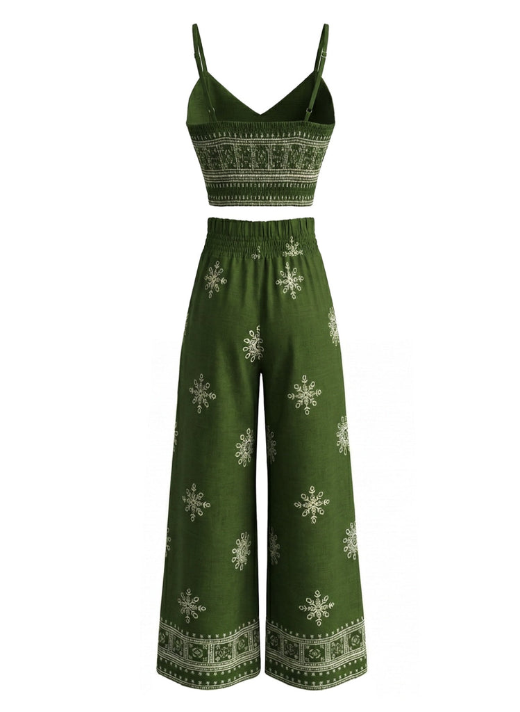 Green 1970s Print Spaghetti Strap 2PCS