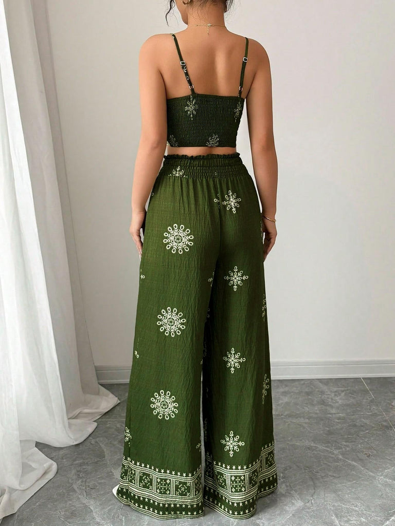 Green 1970s Print Spaghetti Strap 2PCS