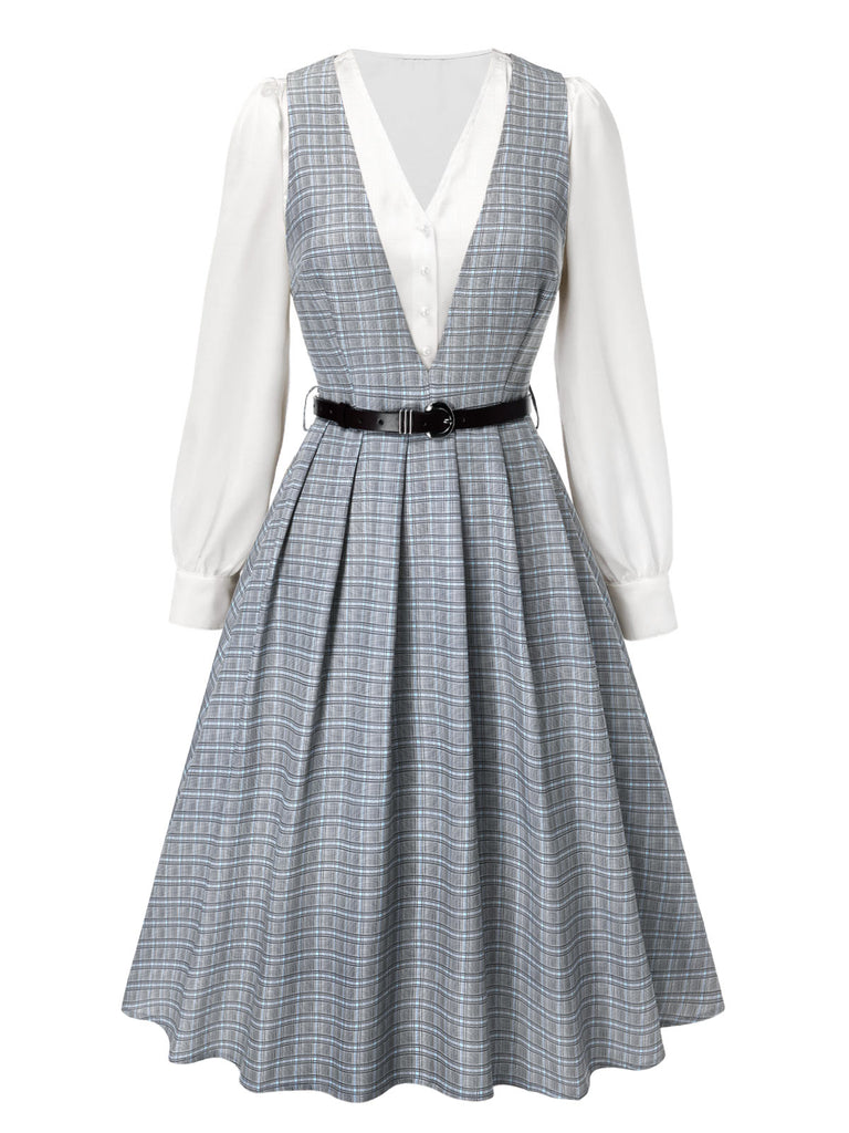 2PCS Grey 1940s V-Neck Plaid Dress & Satin Blouse: where 1940s romance meets her modern spirit