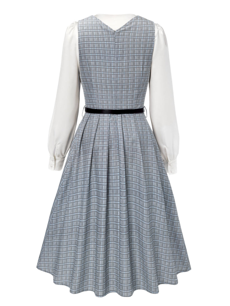 This 2PCS Grey 1940s V-Neck Plaid Dress & Satin Blouse wraps her in 1940s elegance, one twirl at a time