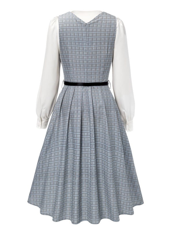 2PCS Grey 1940s V-Neck Plaid Dress & Satin Blouse | Retro Stage 2PCS Grey 1940s V-Neck Plaid Dress & Satin Blouse | Retro Stage