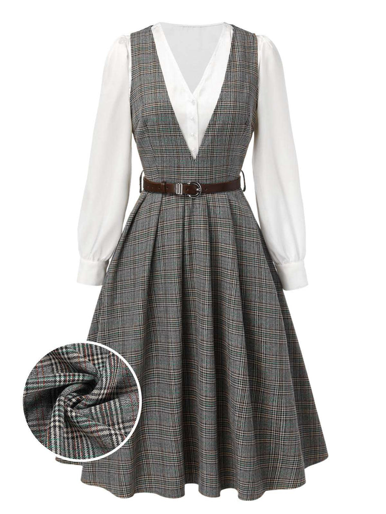 plaid women's dress Vintage Belted Plaid Vest Dress with Long Sleeve Blouse