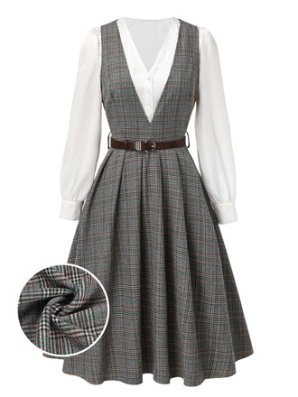 She slips into this 2PCS Grey 1940s V-Neck Plaid Dress & Satin Blouse and suddenly it's a 1940s daydream