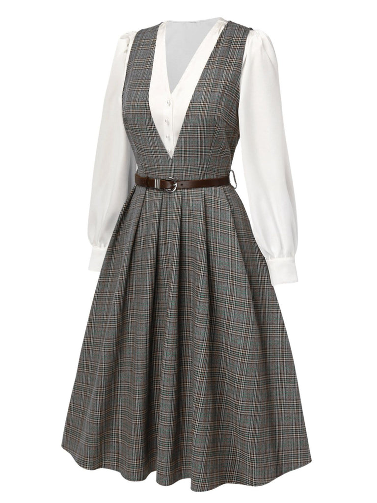 Vintage Belted Plaid Vest Dress with Long Sleeve Blouse Vintage Belted Plaid Vest Dress with Long Sleeve Blouse