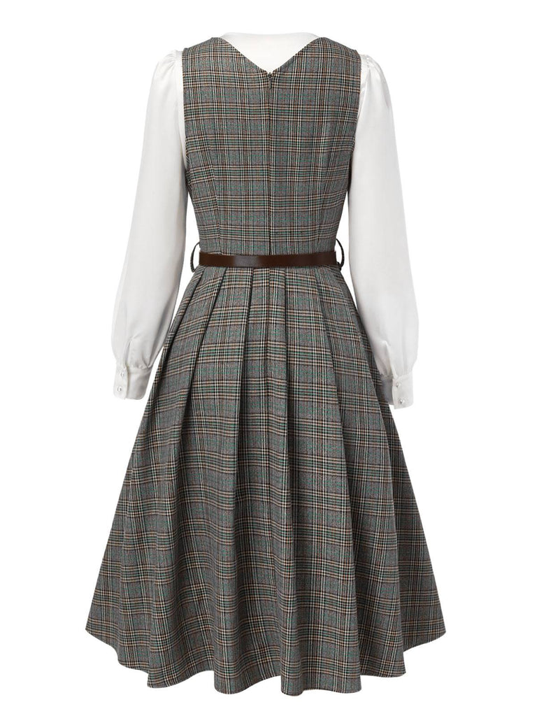 2PCS Grey 1940s V-Neck Plaid Dress & Satin Blouse — the kind of 1940s dress that makes strangers smile