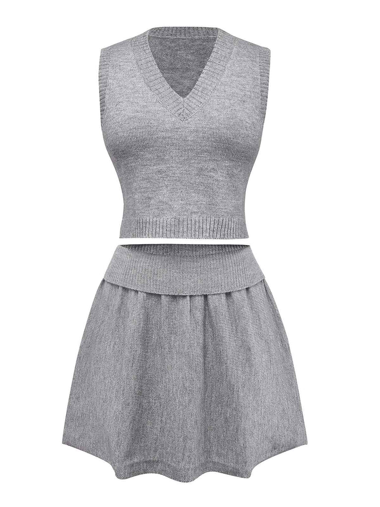 2PCS Grey 1960s Knitted V-Neck Top & Skirt - vintage skirt, retro style