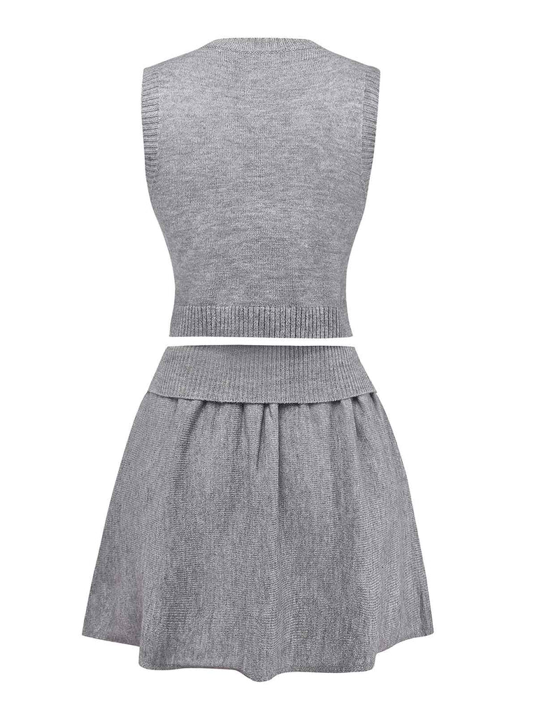 2PCS Grey 1960s Knitted V-Neck Top & Skirt - vintage skirt, retro style