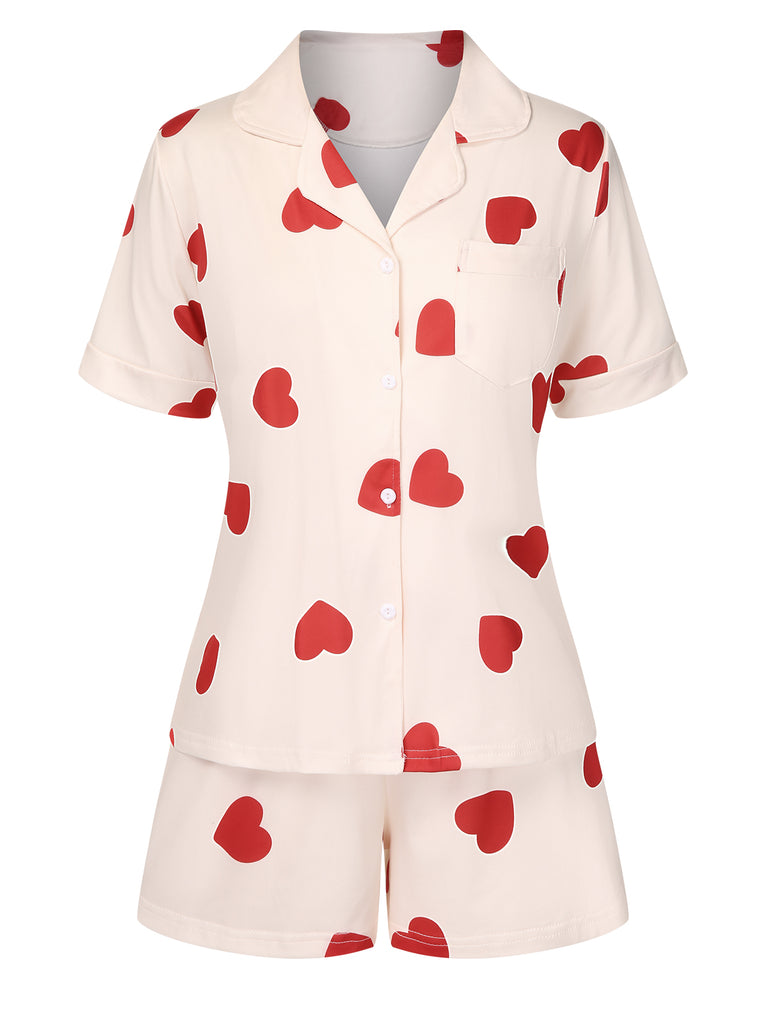 2PCS Heart Short-Sleeved Shirt Shorts Pajamas, vintage pajamas, retro nightwear - perfect for women who love vintage and retro fashion