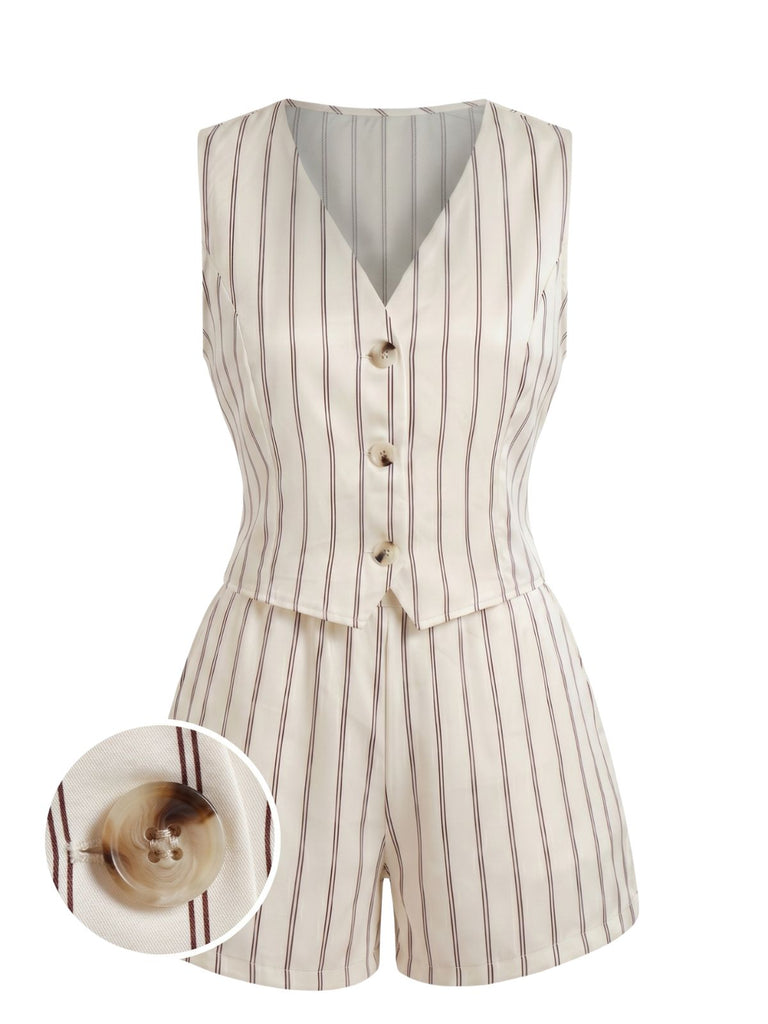 Beige 1950s V Neck Striped Two Piece Set
