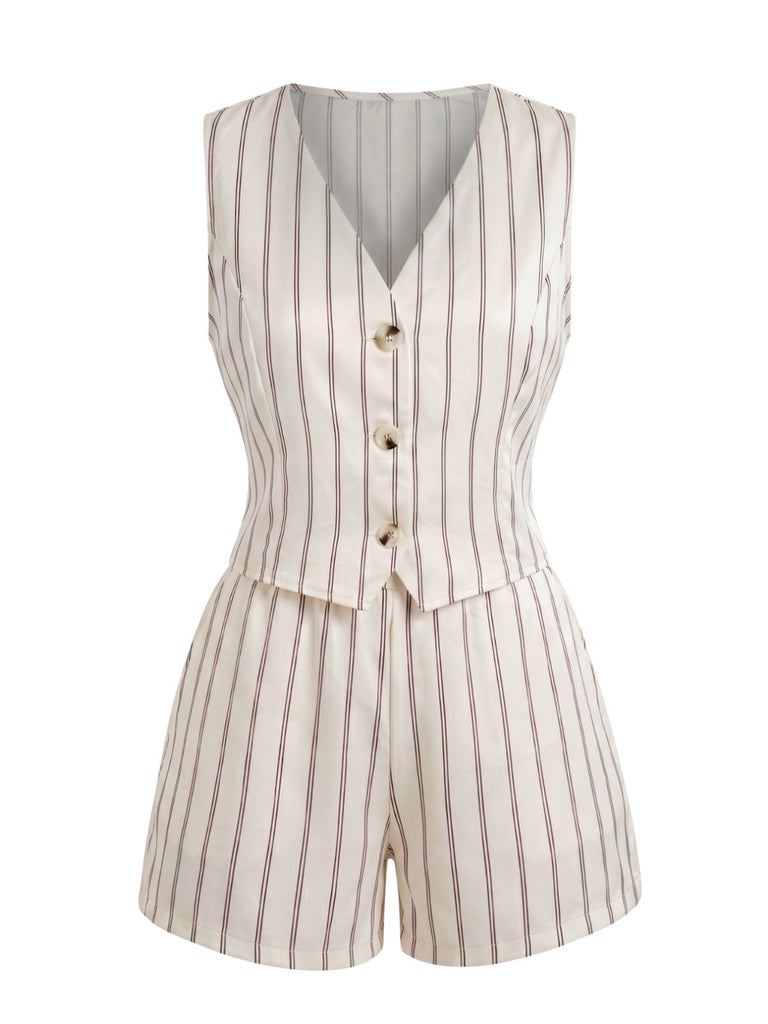 Beige 1950s V Neck Striped Two Piece Set 3