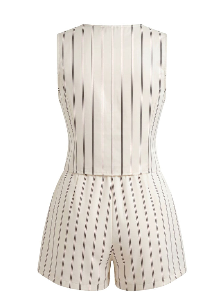 Beige 1950s V Neck Striped Two Piece Set 2