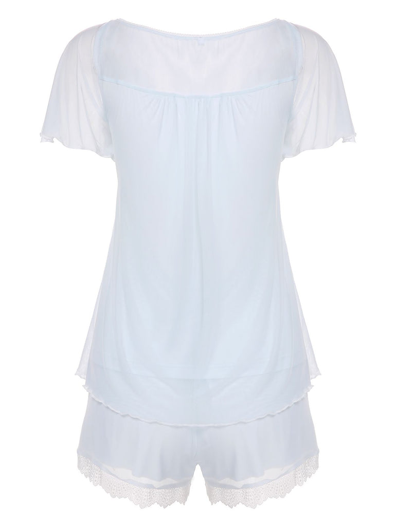 2PCS Light Blue 1940s Knot Lace Sleepwear, vintage fashion, retro style - perfect for women who love vintage and retro fashion