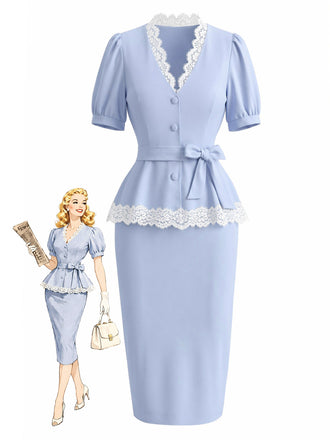 [Pre-Sale] Light Blue 1940s Lace V Neck Two Piece Set
