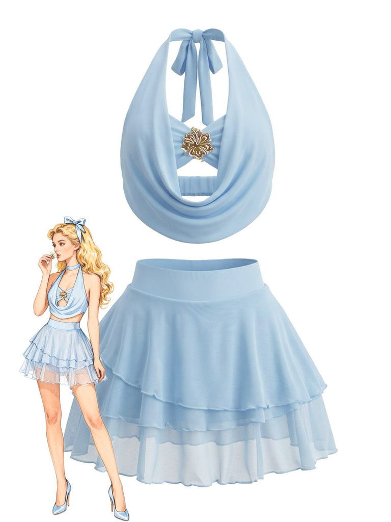 2PCS Light Blue 1980s Halter Backless Tube Top & Skirt Set, vintage skirt, retro style - perfect for women who love vintage and retro fashion