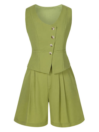 2PCS Light Green 1950s Solid Top & Shorts, vintage top, retro blouse - perfect for women who love vintage and retro fashion