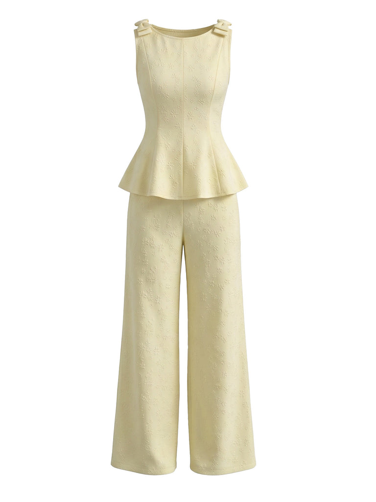 Light Yellow 1950s Ruffle Bow Two Piece Set 2