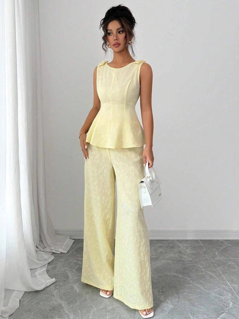Light Yellow 1950s Ruffle Bow Two Piece Set 4
