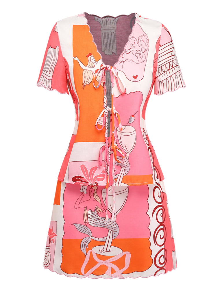 Multicolor 1940s Print Lace-up Skirt Set