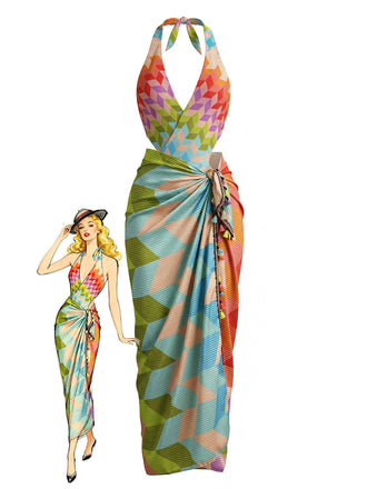 2PCS-Multicolor-1970s-Geometric-Halter-Boho-Swimsuit-Cover-Up, vintage, retro, swimwear