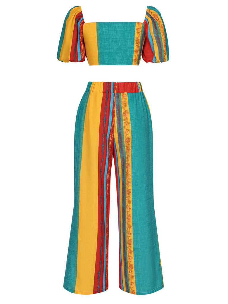 2PCS Multicolor 1970s Puff Sleeves Striped Top & Pants, vintage top, retro blouse - perfect for women who love vintage and retro fashion