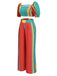 2PCS Multicolor 1970s Puff Sleeves Striped Top & Pants, vintage top, retro blouse - perfect for women who love vintage and retro fashion