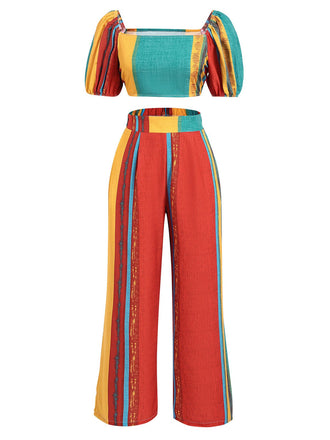 She pairs this 2PCS Multicolor 1970s Puff Sleeves Striped Top & Pants with confidence and 1970s charm