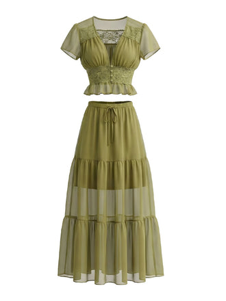 2PCS-Olive-1940s-Lace-Crop-Top-Sheer-Maxi-Skirt-Set, vintage, retro, lace