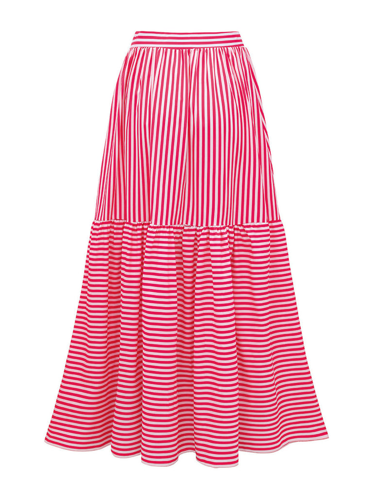 2PCS Pink 1940s Striped Strapless One-Piece Swimsuit & Cover-Up - vintage swimsuit, pin-up swimwear for vintage lovers