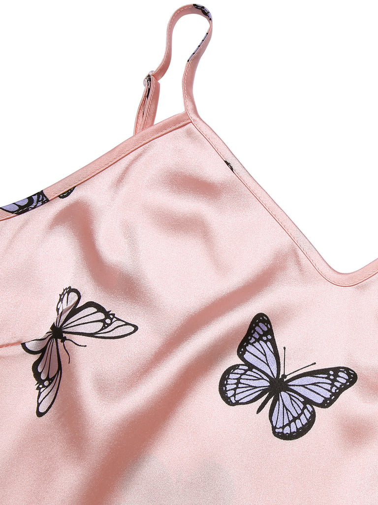 2PCS Pink 1950s Butterfly Suspender V-Neck Sleepwear, vintage fashion, retro style - perfect for women who love vintage and retro fashion