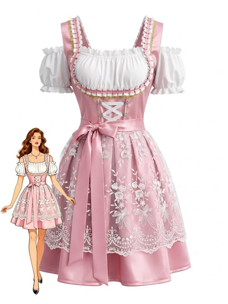 2PCS Pink 1950s Cold-Shoulder Puff Dress & Lace Embroidered Apron, vintage dress, retro fashion, rockabilly, pin-up fashion - vintage inspired fashion
