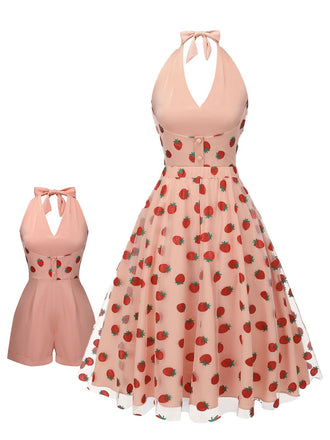 2PCS Pink 1950s Halter Strawberry Romper & Umbrella Skirt: timeless style reimagined