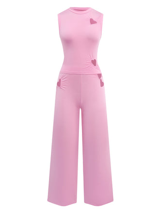 2PCS Pink 1950s Solid Heart Hollow Vest & Pants - vintage fashion, retro style