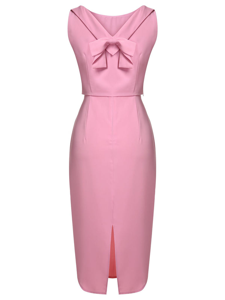 2PCS Pink 1960s Lapel Bowknot Blouse & Solid Spaghetti Strap Dress