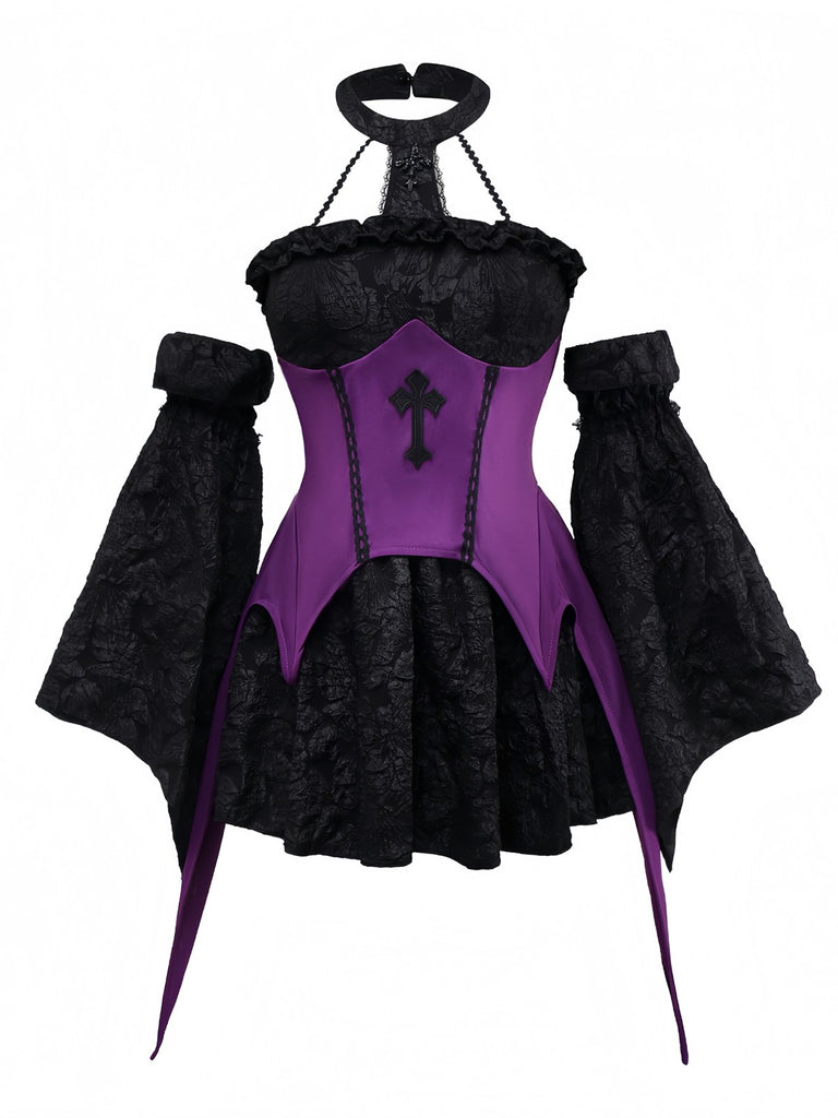 2PCS Purple 1980s Gothic Cross Witch Top & Skirt - vintage skirt, retro style