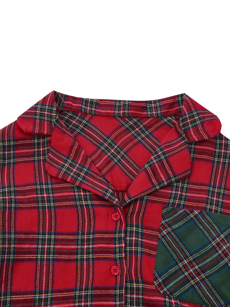 2PCS Red 1930s Christmas Plaid Pajama Set - vintage fashion, retro style, elegant red