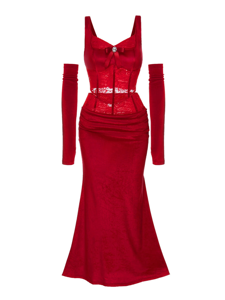 She pairs this 2PCS Red 1930s Velvet Lace Patchwork Top & Skirt with confidence and 1930s charm