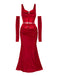 She pairs this 2PCS Red 1930s Velvet Lace Patchwork Top & Skirt with confidence and 1930s charm